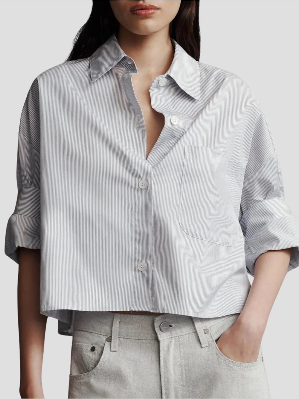 Cropped Relaxed Button-Down Shirt in Light Blue Stripe